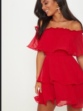 PrettyLittleThing Red One-Shoulder Ruffle Mini Dress